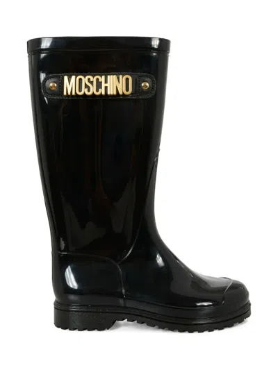 Moschino Logo Round-toe Rain Boots In Black