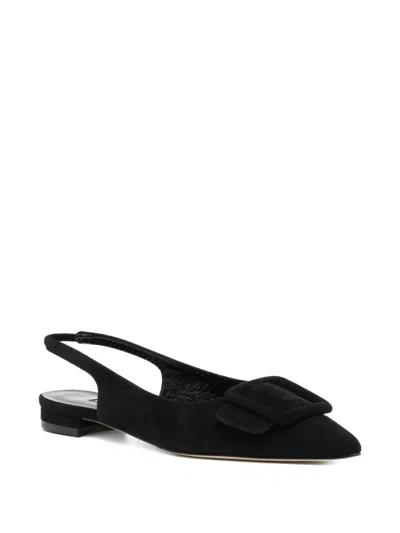 Manolo Blahnik Maylura Buckle Pointed Toe Slingback Flat In Black