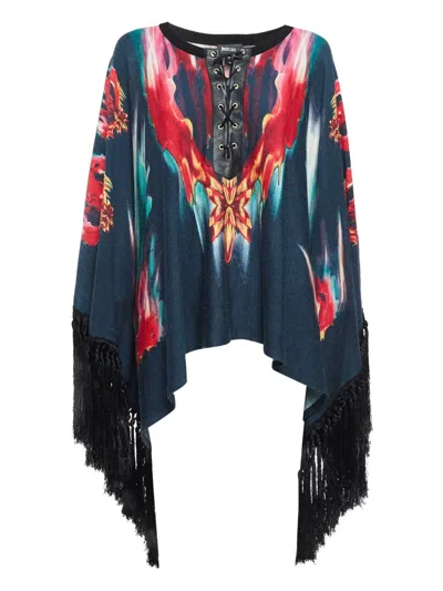 Pre-owned Just Cavalli Vintage Lace Fringe Cape Top In Blue