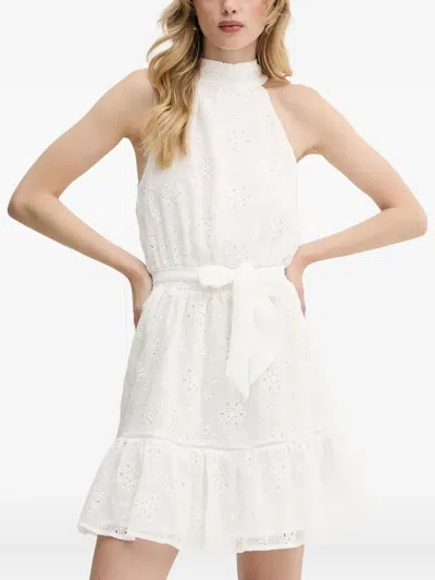 Guess Usa Floral-embroidery Halterneck Mini Dress In White