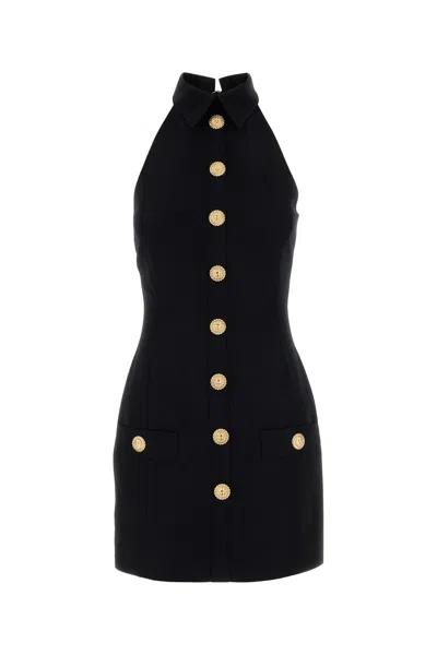 Balmain Black Dress With Pointed Collar And Logo Buttons On The Front