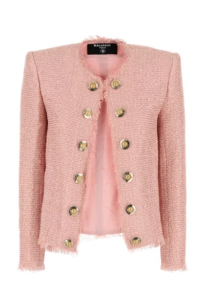 Balmain Glitter Embellished Silk Tweed Spencer Jacket In Pink