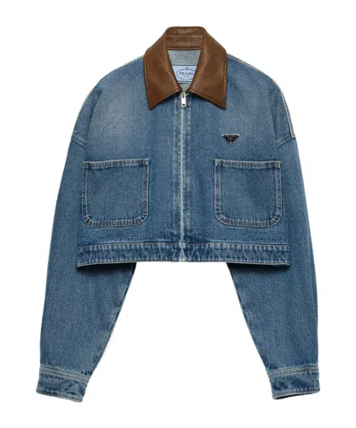 Prada Cropped Leather-trimmed Denim Jacket
