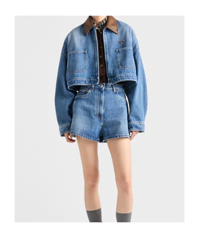 Prada Cropped Leather-trimmed Denim Jacket