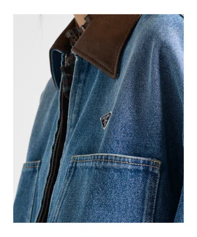 Prada Cropped Leather-trimmed Denim Jacket