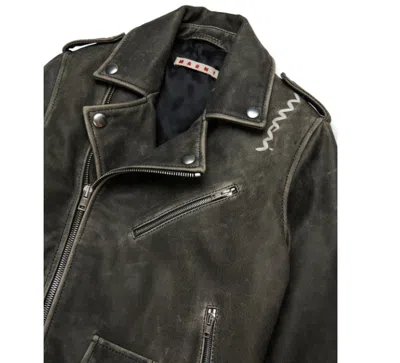 Marni Vintage Effect Leather Biker Jacket Kids In Green