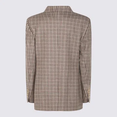 Brunello Cucinelli Beige Double-breasted Jacket With Peak Revers And All-over Check Motif In Gray