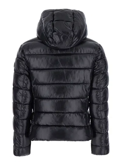 Save The Duck 'cosmary' Black Down Jacket With Removable Hood And Logo Patch On The Sleeve In Black