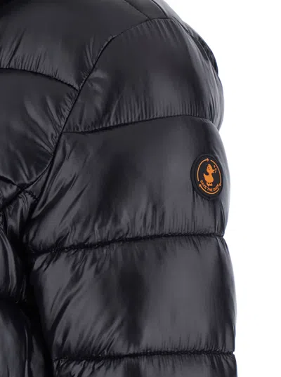 Save The Duck 'cosmary' Black Down Jacket With Removable Hood And Logo Patch On The Sleeve In Black