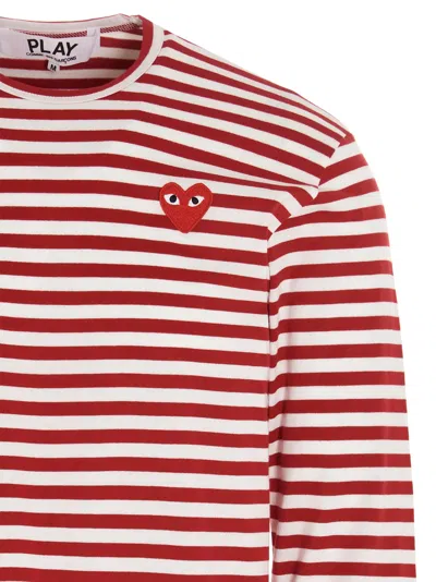 Comme Des Garçons Play Striped Logo Patch Long Sleeve T-shirt In Red