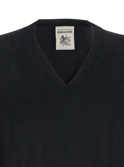 Semicouture Black Sweater With V Neck And Ribbed Trims In Wool Woman In Black