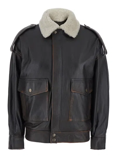 Semicouture Lapel Leather Jacket In Black