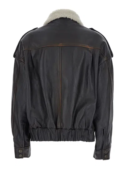 Semicouture Lapel Leather Jacket In Black