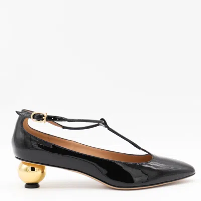 Ferragamo Round Toe T-bar Strap Gold Heel
