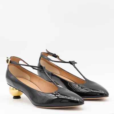 Ferragamo Round Toe T-bar Strap Gold Heel