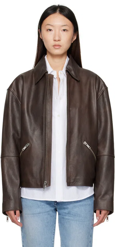 Calvin Klein Brown Biker Distressed Leather Jacket In Brown