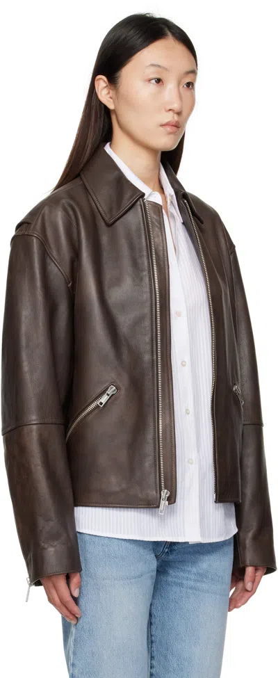 Calvin Klein Brown Biker Distressed Leather Jacket In Brown