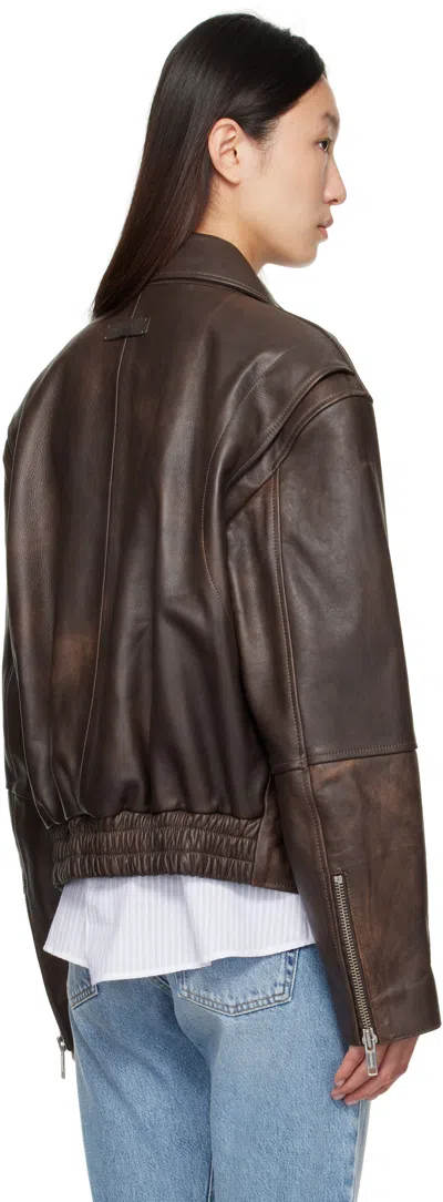 Calvin Klein Brown Biker Distressed Leather Jacket In Brown