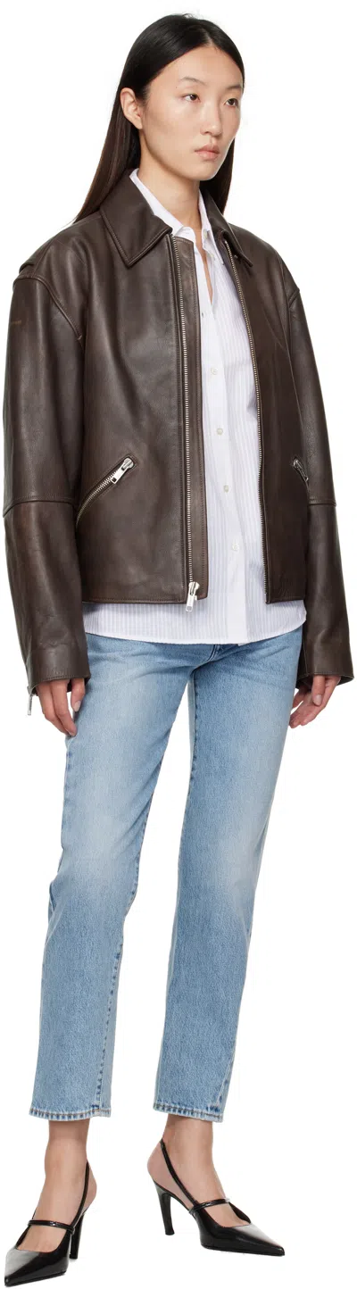 Calvin Klein Brown Biker Distressed Leather Jacket In Brown