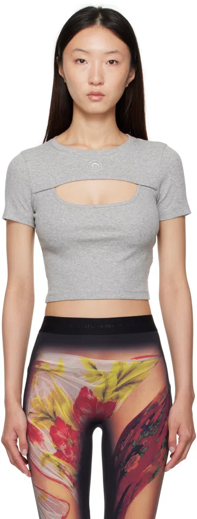 Marine Serre Gray Moon Logo Ribbed Jersey Cut-out T-shirt In Gray