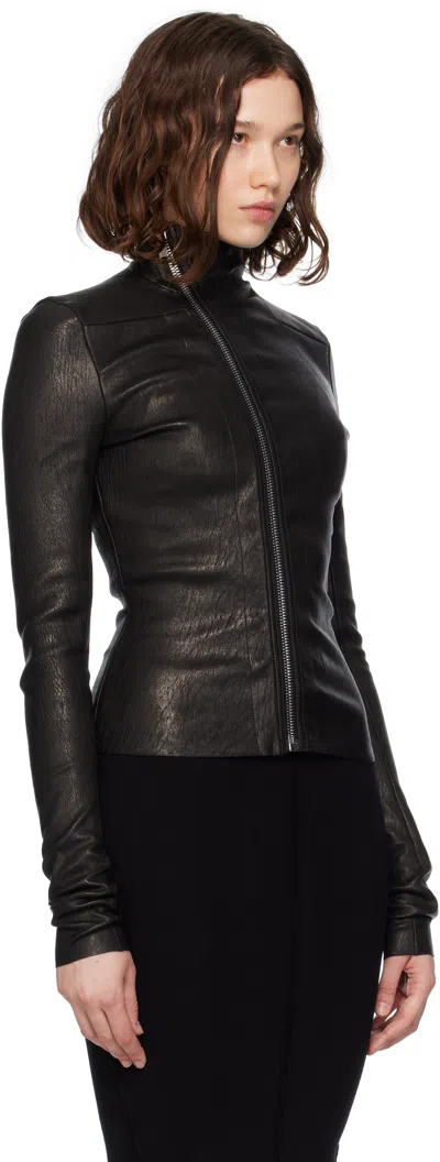 Rick Owens Asymmetric Black Stretch Leather Jacket In Black