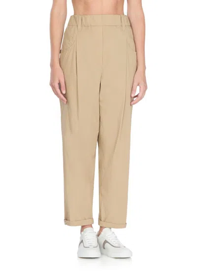 Brunello Cucinelli Beige Cotton Pants With Elastic High Waist In Nude