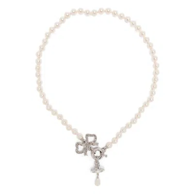 Vivienne Westwood Rigoberta Pearl Necklace Platinum-crystal-velvet-crystal-creamrose-pearl Platinum-crystal-velvet-cry In Metallic