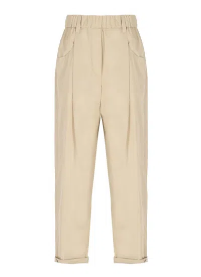 Brunello Cucinelli Beige Cotton Pants With Elastic High Waist In Nude