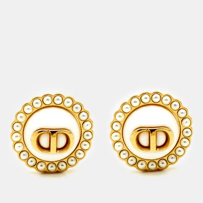 Pre-owned Dior Petit Cd Baroque Faux Pearl Gold Tone Stud Earrings