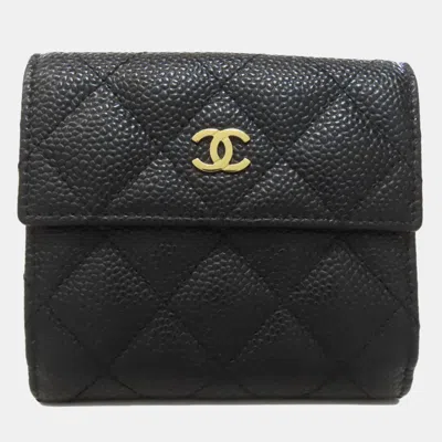 Pre-owned Chanel Matelasse Coco Mark Grained Calfskin Bi-fold Wallet In Black