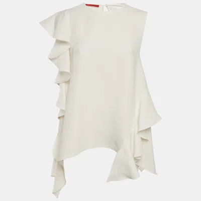 Pre-owned Ch Carolina Herrera White Crepe Ruffled Sleeveless Top S