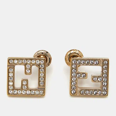 Pre-owned Fendi Ff Logo Crystal Studded Gold Tone Stud Earrings
