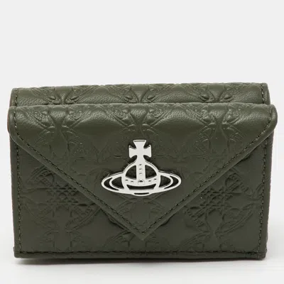 Pre-owned Vivienne Westwood Olive Green Monogram Embossed Leather Envelope Billfold Small Frame Wallet