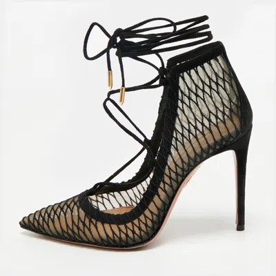 Pre-owned Aquazzura Black Suede And Mesh Ankle Tie Boots Size 36