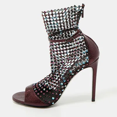 Pre-owned René Caovilla Rene Caovilla Metalic Purple Texture Leather And Lace Crystal Embellished Galaxia Booties Size 38