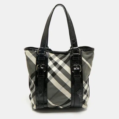 Pre-owned Burberry Black Beat Check Nylon And Patent Leather Small Lowry Tote