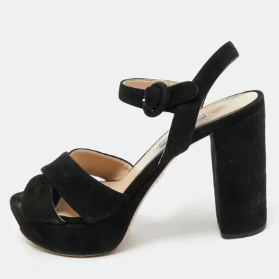 Pre-owned Prada Black Suede Platform Ankle Strap Sandals Size 38.5