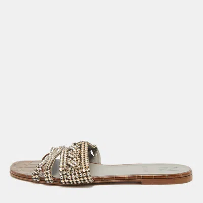 Pre-owned Gina Brown Croc Embossed Leather Crystal Embellished Loren Flat Sandals Size 39