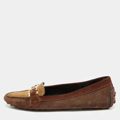 Pre-owned Louis Vuitton Brown/beige Suede Oxford Slip On Loafers Size 38