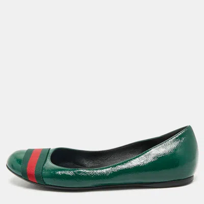 Pre-owned Gucci Green Leather Web Detail Ballet Flats Size 37