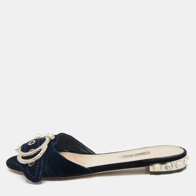 Pre-owned Miu Miu Navy Blue Velvet Embellished Flat Slides Size 39.5
