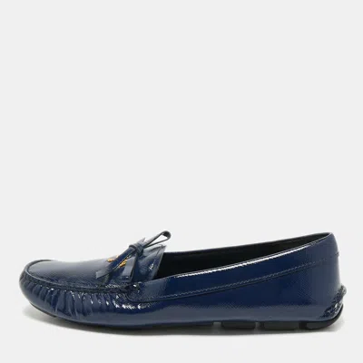 Pre-owned Prada Navy Blue Saffiano Patent Leather Bow Slip On Loafers Size 39.5