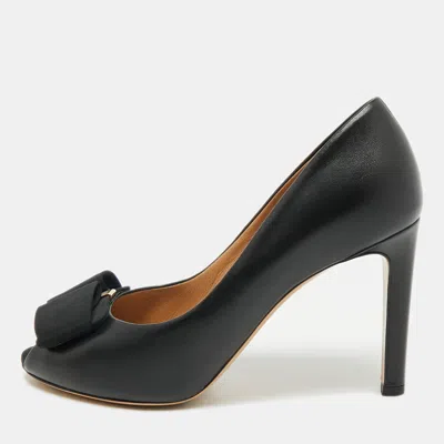 Pre-owned Ferragamo Black Leather Pimpa Peep Toe Pumps Size 38.5