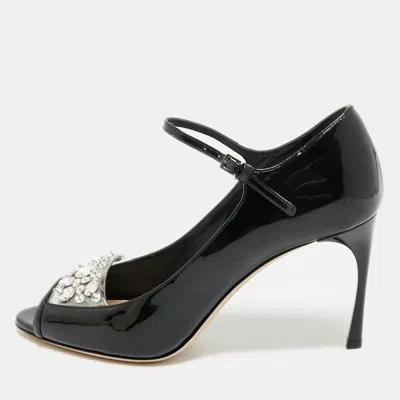 Pre-owned Miu Miu Black Patent Leather Crystal Embellished Peep Toe Pumps Size 37.5