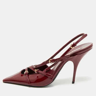 Pre-owned Miu Miu Burgundy Patent Leather Pointed Toe Buckle Slingback Pumps Size 39.5