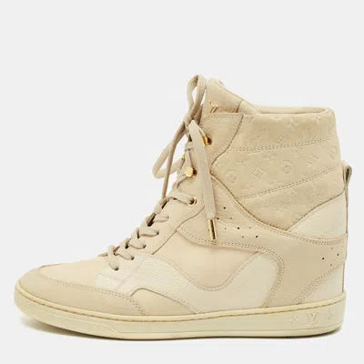 Pre-owned Louis Vuitton Cream Suede And Nubuck Leather Cliff Top Sneaker Boots Size 38.5 In White