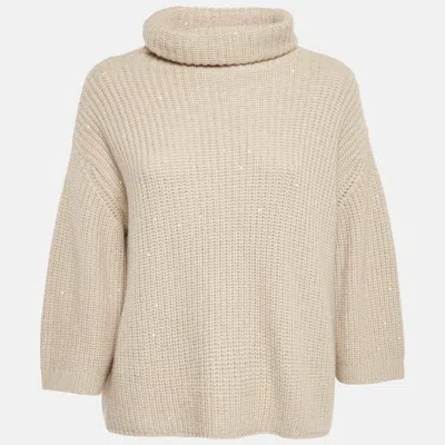 Pre-owned Brunello Cucinelli Beige Sequin Rib Knit Turtle Neck Sweater L