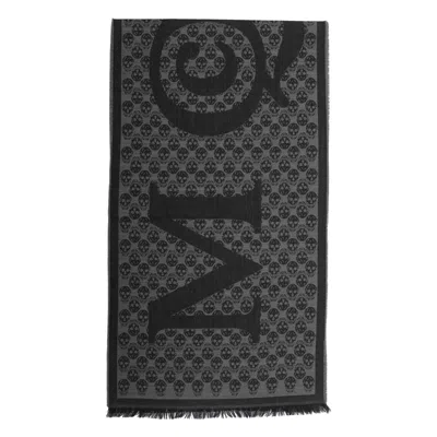 Alexander Mcqueen Multi-logo Wool Scarf With Fringed Edges In Black