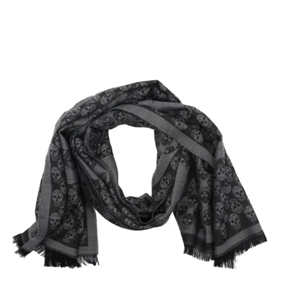 Alexander Mcqueen Multi-logo Wool Scarf With Fringed Edges In Black