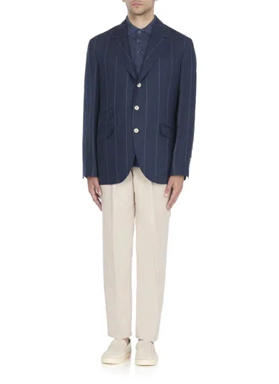 Brunello Cucinelli Tailored Linen Jacket With Classic Lapel In Blue